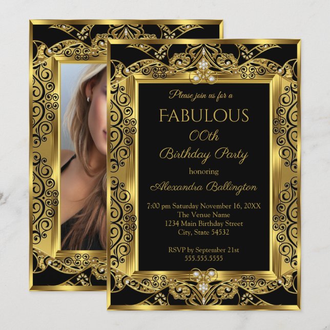 Elegant Gold Photo Birthday Party Black Damask Invitation (Front/Back)