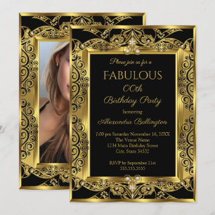 Elegant Gold Photo Birthday Party Black Damask Invitation