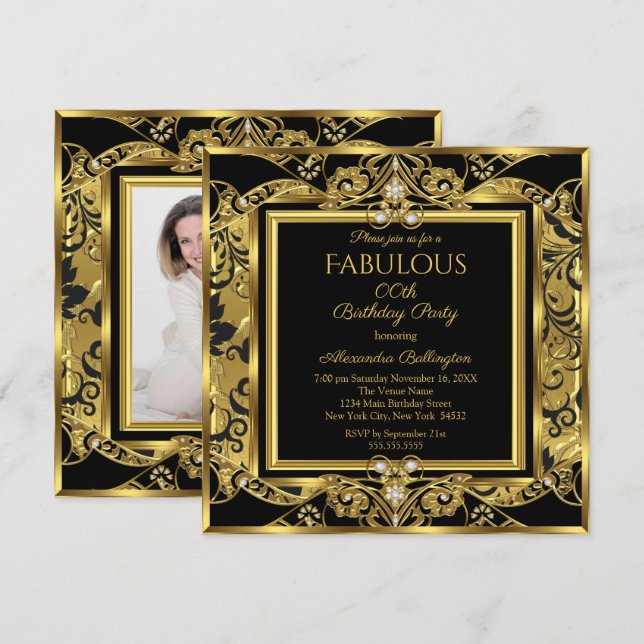 Elegant Gold Photo Birthday Party Black Floral Invitation (Front/Back)