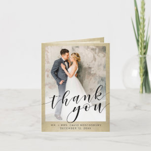 Elegant Gold Photo Black Script Wedding Thank You Card
