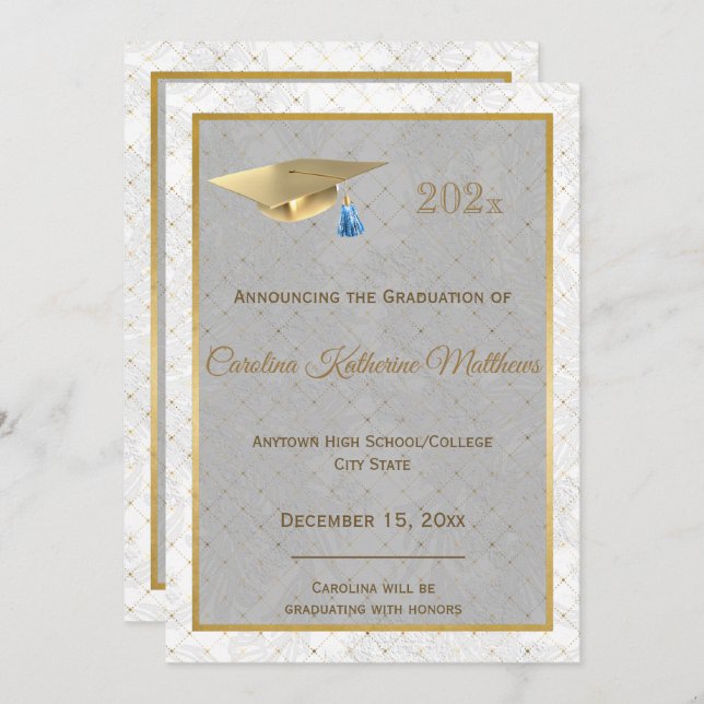 Elegant Gold Photo Blue Cap Graduation Announcement (Front/Back)