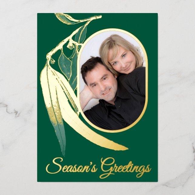 Elegant Gold Photo Botanical Watercolor Christmas  Foil Holiday Card (Front)