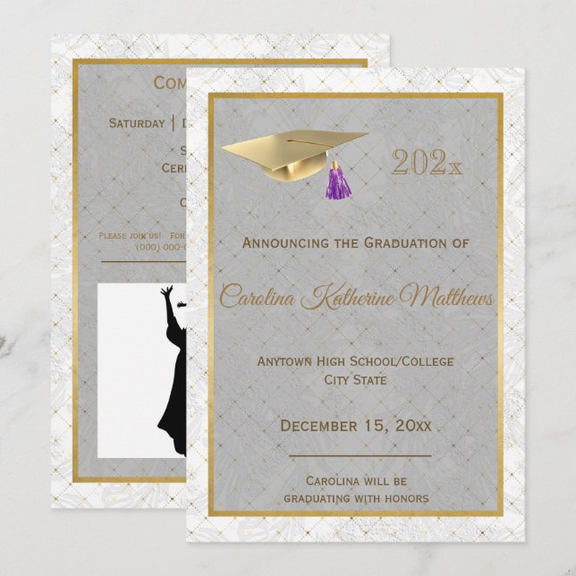 Elegant Gold Photo Cap Purple Graduation Announcement (Front/Back)