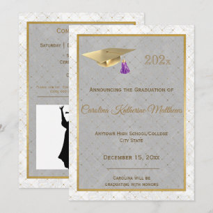 Elegant Gold Photo Cap Purple Graduation Announcement