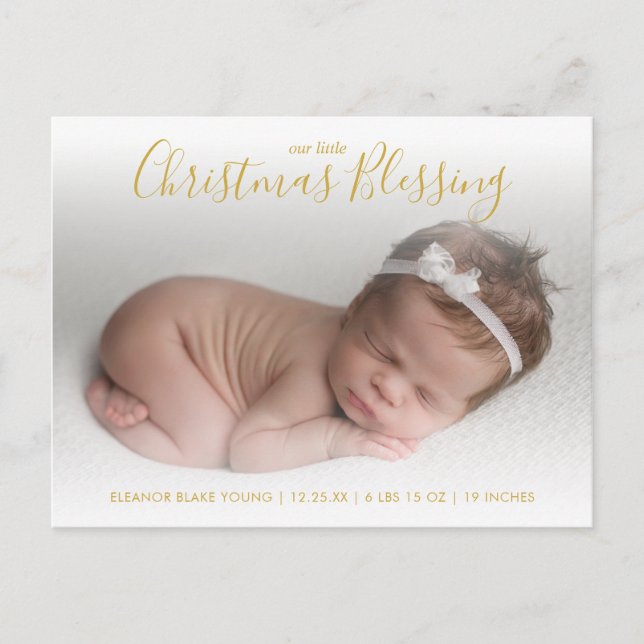 Elegant Gold Photo Holiday Birth Announcement Postcard (Front)