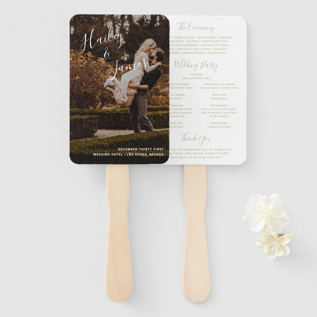 Elegant Gold Photo Modern Wedding Program Hand Fan (Front and Back)