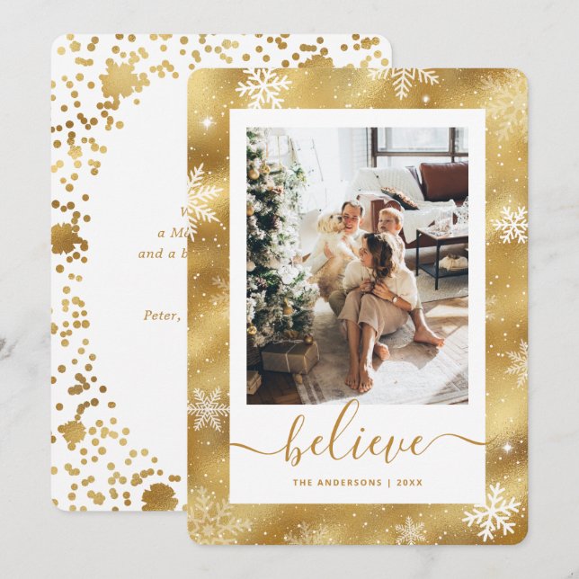 Elegant Gold Photo Snowflake Holiday Card (Front/Back)