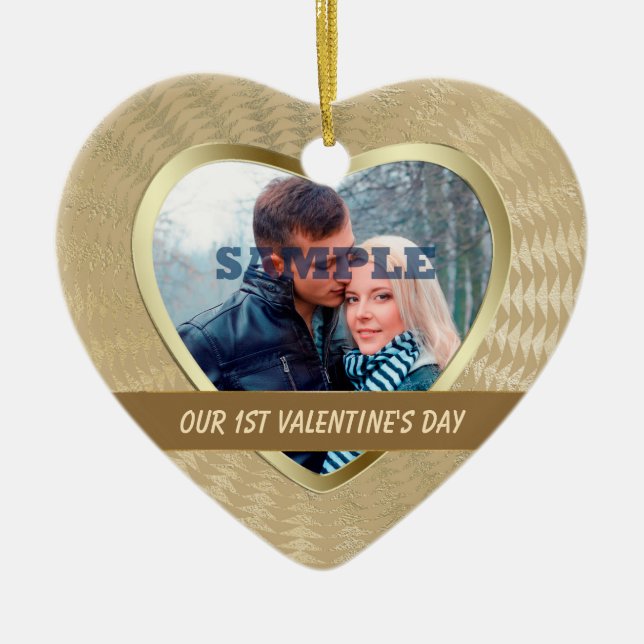 Elegant Gold Photo Template Our First Valentine Ceramic Tree Decoration (Front)