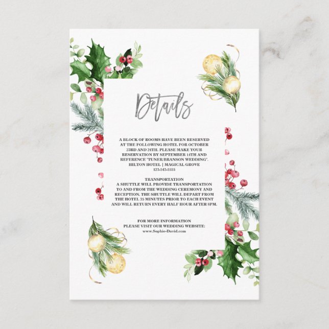 Elegant Gold Pine Berry Christmas Wedding  Enclosure Card (Front)