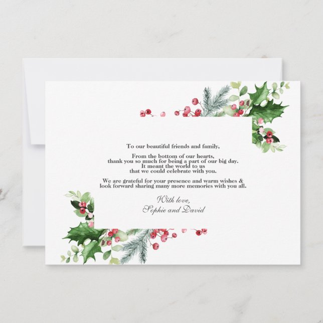 Elegant Gold Pine Berry Christmas Wedding  Thank You Card (Back)
