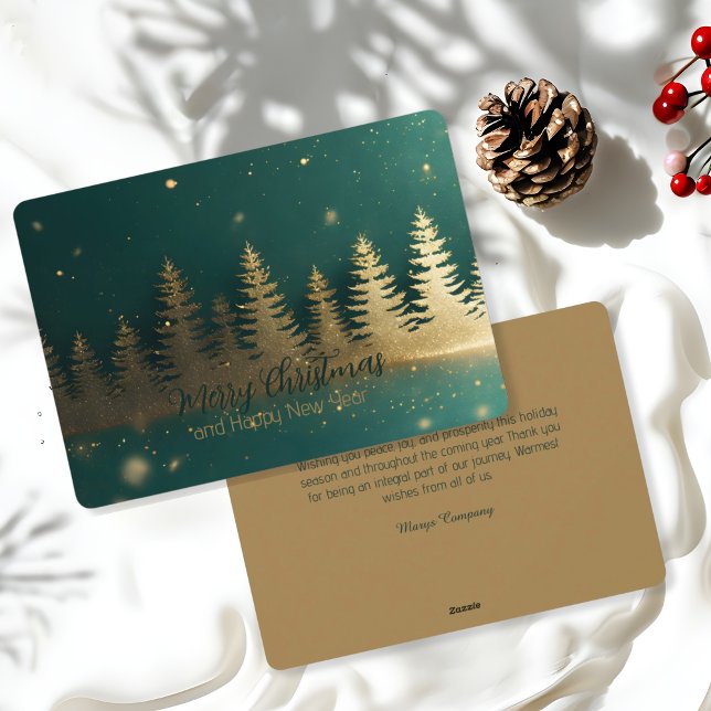 Elegant Gold Pine Forest Silhouette on Emerald  Holiday Card (Creator Uploaded)
