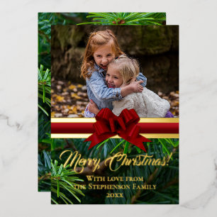 Elegant Gold Pine Red Bow Christmas Photo Foil Holiday Card
