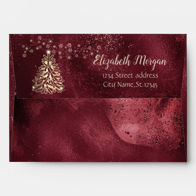 Elegant Gold Pine Tree Stars Dark Red Christmas Envelope (Back (Top Flap))