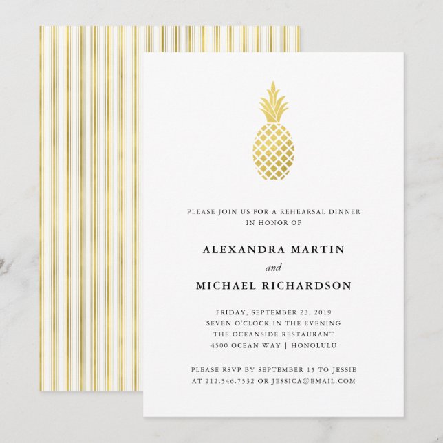 Elegant Gold Pineapple Rehearsal Dinner Invitation (Front/Back)