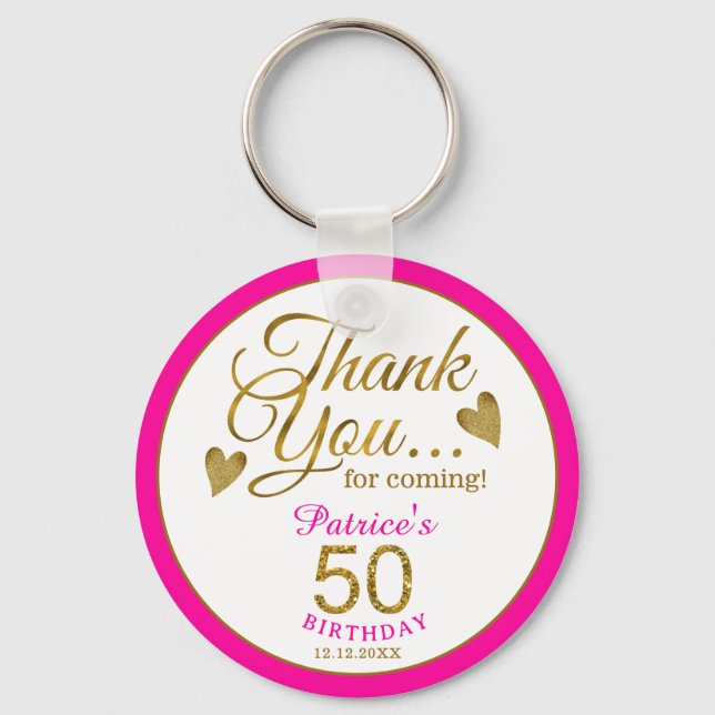 Elegant Gold Pink 50th Birthday Thank You Favour   Key Ring (Front)