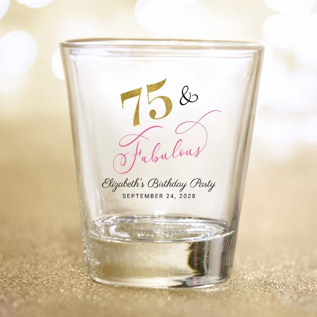 Elegant Gold Pink 75th Birthday Party Favour Shot Glass (Creator Uploaded)