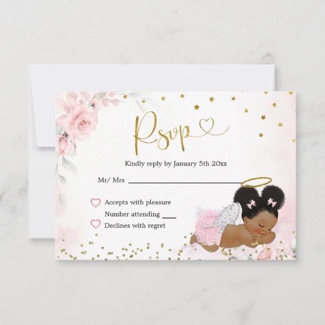 Elegant Gold Pink Afro Angel Baby Shower RSVP Card (Front)
