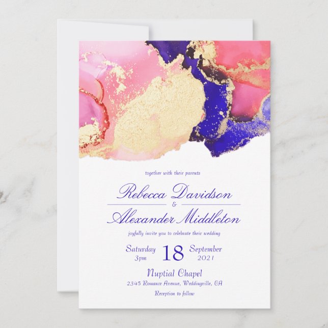 Elegant Gold Pink and Purple Ink Wash Wedding Invitation (Front)
