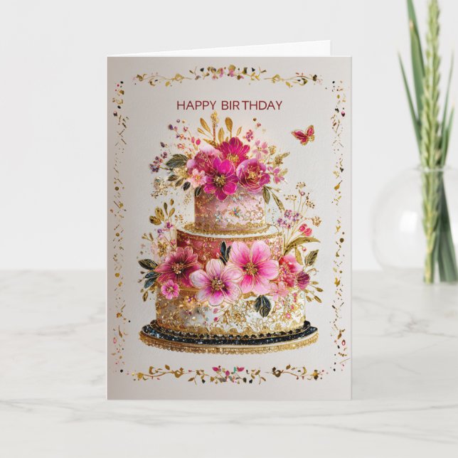 Elegant Gold & Pink Birthday Cake Card (Front)