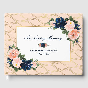 Elegant Gold Pink Blue Floral Funeral Memorial Guest Book