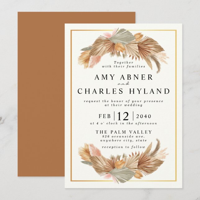 Elegant Gold Pink Boho Pampas Grass Frame Wedding  Invitation (Front/Back)