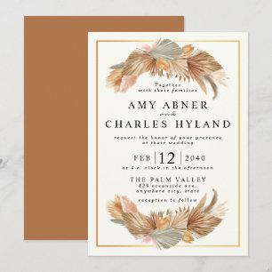 Elegant Gold Pink Boho Pampas Grass Frame Wedding  Invitation