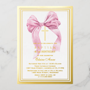 Elegant Gold Pink Bow Girl 1st Birthday Baptism