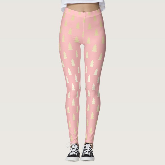 Elegant Gold & Pink Christmas Tree Pattern Leggings (Front)