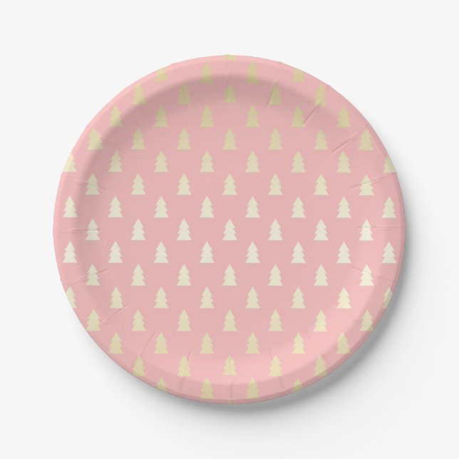 Elegant Gold & Pink Christmas Tree Pattern Paper Plate (Front)