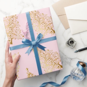 Elegant Gold & Pink Christmas Tree Pattern Wrapping Paper