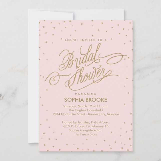 Elegant Gold & Pink Confetti Star Bridal Shower Invitation (Front)