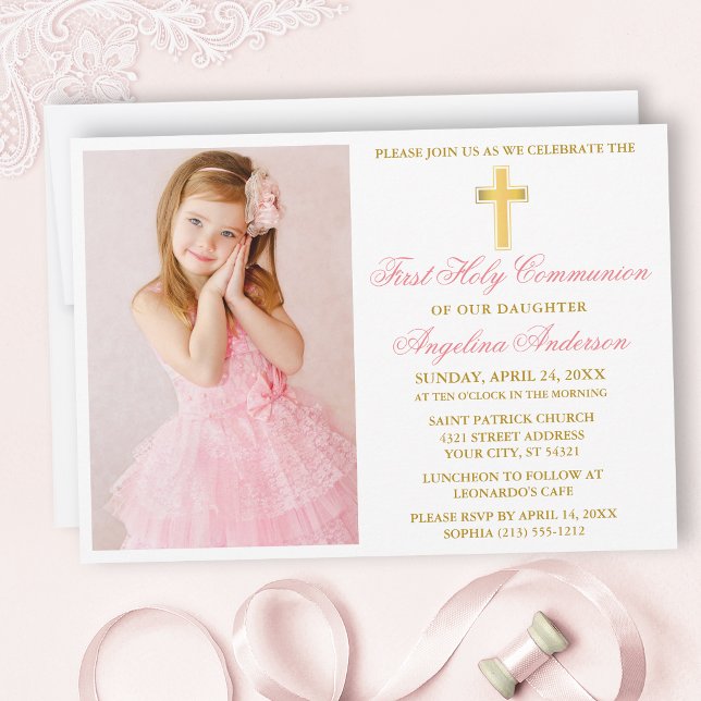 Elegant Gold Pink First Communion Photo Invitation (Customize to change text color, size, style or to add more text to back of card.)
