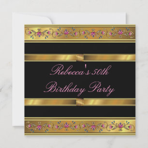 Elegant Gold Pink Floral 50th Birthday Party Black Invitation