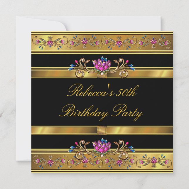 Elegant Gold Pink Floral 50th Birthday Party Black Invitation (Front)