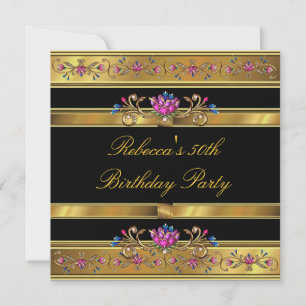 Elegant Gold Pink Floral 50th Birthday Party Black Invitation
