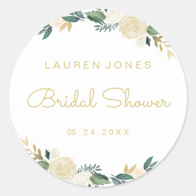 Elegant Gold Pink Floral Bridal Shower Sticker (Front)