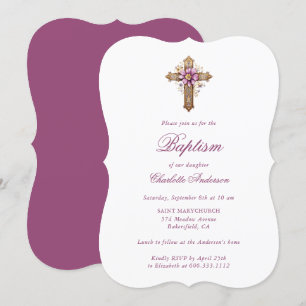 Elegant Gold Pink Floral Cross Girl Baptism Invitation