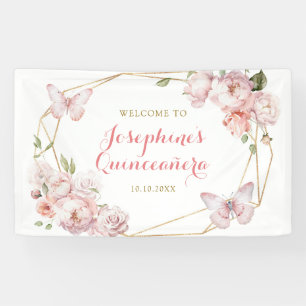 Elegant Gold Pink Floral Girl Quinceañera Large Banner