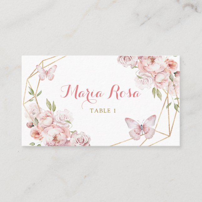 Elegant Gold Pink Floral Girl Quinceañera Place Card (Front)