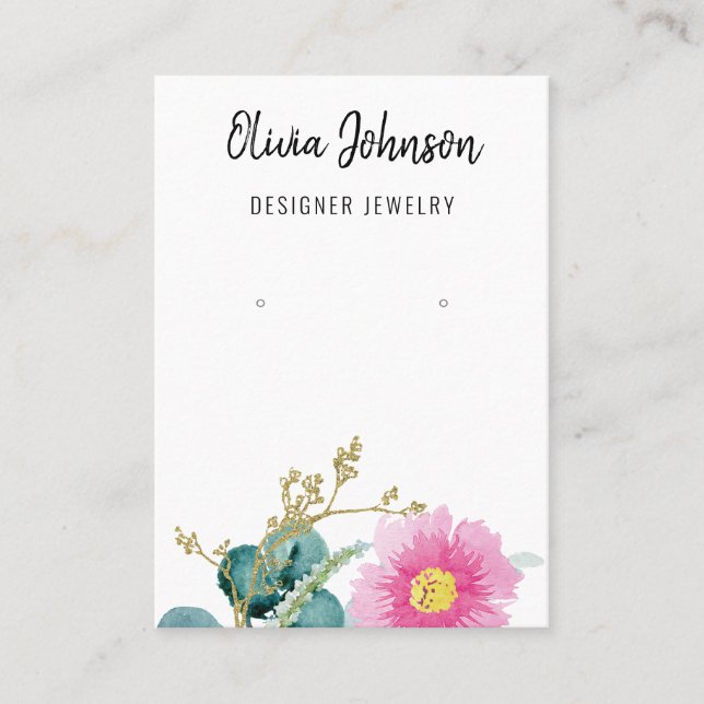 Elegant Gold Pink Floral Jewellery Earring Display Business Card (Front)