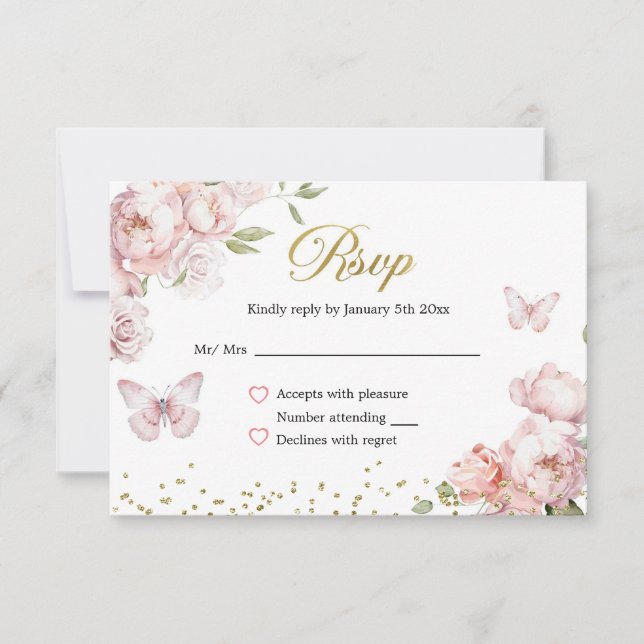 Elegant Gold Pink Floral Mis Quince Años Reply RSVP Card (Front)