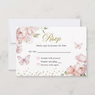 Elegant Gold Pink Floral Mis Quince Años Reply RSVP Card