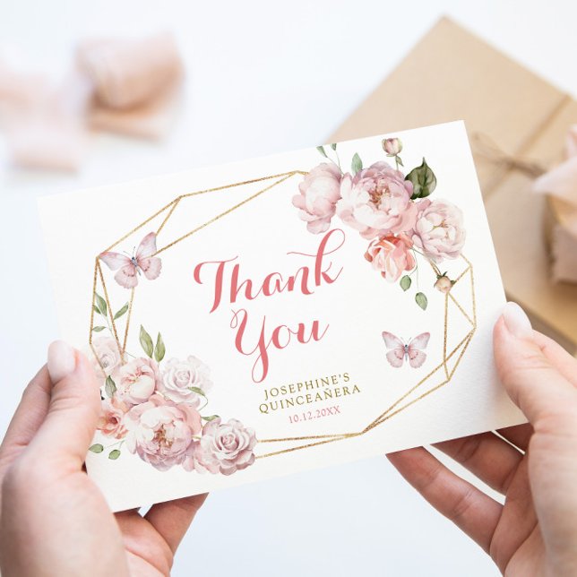 Elegant Gold Pink Floral Mis Quince Thank You Card (Creator Uploaded)