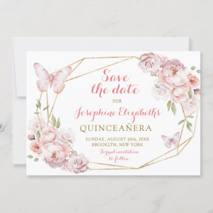 Elegant Gold Pink Floral Mis XV Años Save The Date Invitation