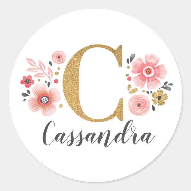 Elegant Gold Pink Floral Monogram Initial Letter C Classic Round Sticker (Front)