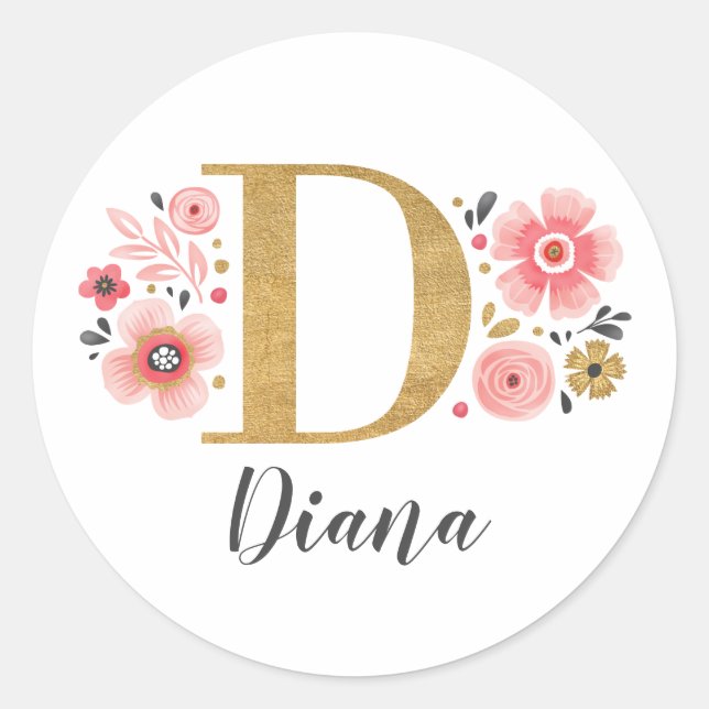 Elegant Gold Pink Floral Monogram Initial Letter D Classic Round Sticker (Front)