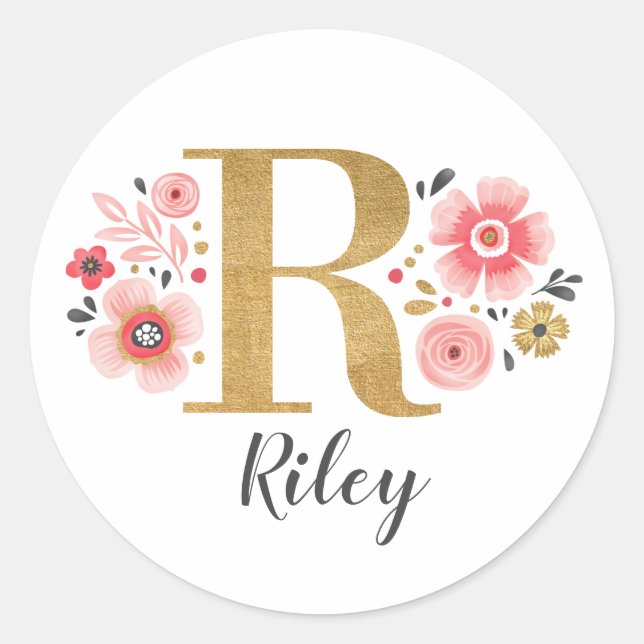 Elegant Gold Pink Floral Monogram Initial Letter R Classic Round Sticker (Front)