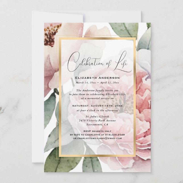 Elegant Gold Pink Floral Photo Celebration of Life Invitation (Front)