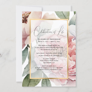 Elegant Gold Pink Floral Photo Celebration of Life Invitation