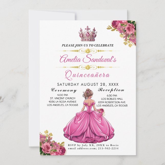 Elegant Gold Pink Floral Quinceanera Invitation (Front)